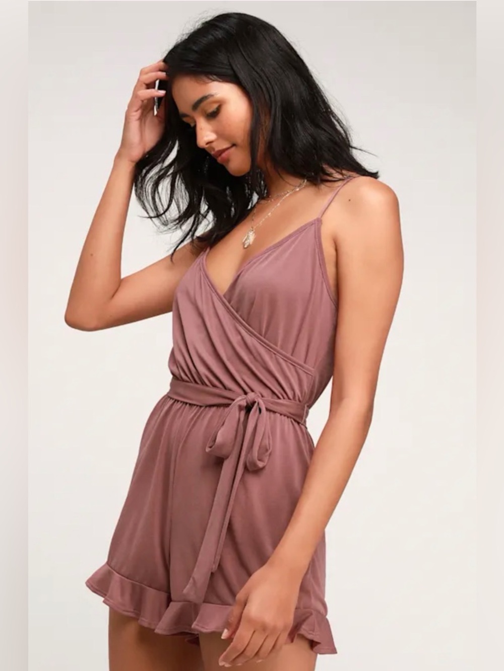 LULUS Katelyn Rusty Rose Ruffled Surplice Romper Women’s size Medium - Picture 2 of 16